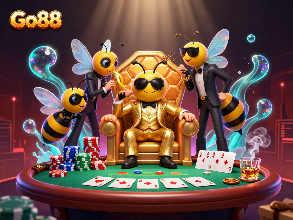 Bet on Go88 with a thrilling scene of cartoon characters at a lively poker table, surrounded by vibrant game elements.