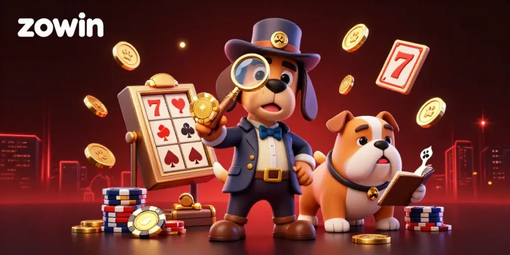 Zowin explodes with casino excitement as a detective duo investigates poker clues amidst slot reels and golden treasures.