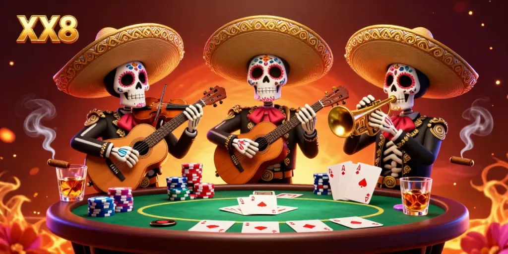 Join the spirited mariachi band celebrating XX8 at a vibrant casino poker game.
