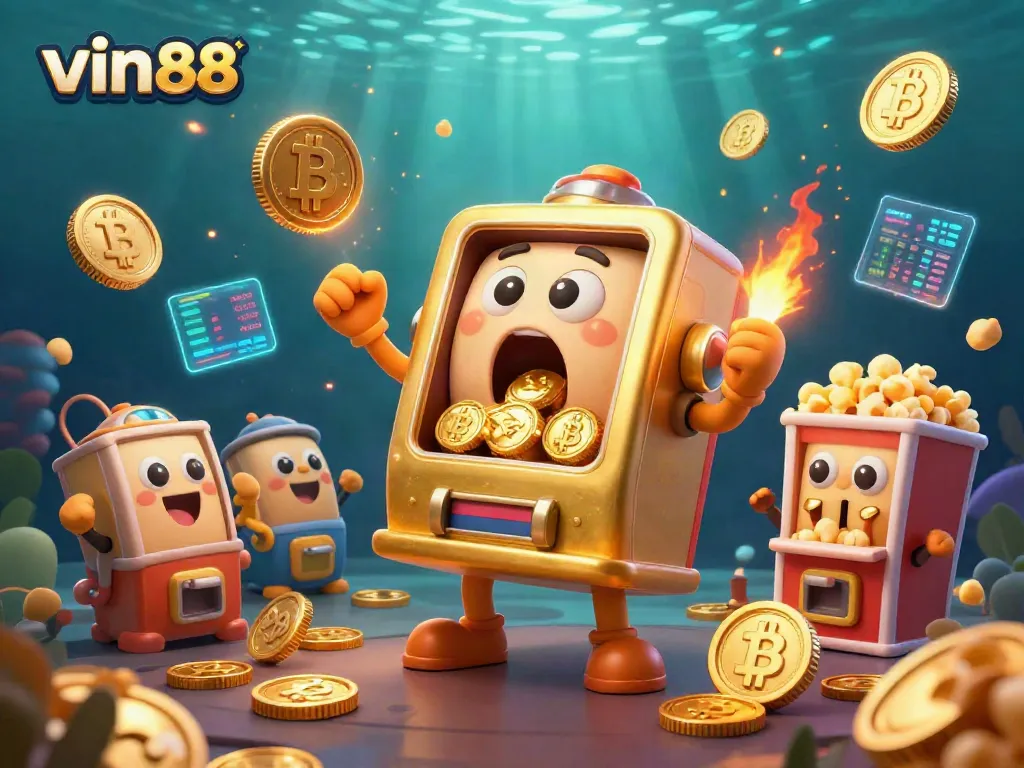 Experience the excitement of winning with vin88's golden slot machine hitting a jackpot, surrounded by cheering characters and rich details.