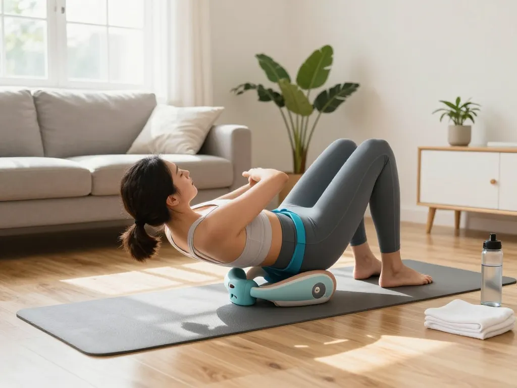 Pelvi-care.de - Woman using pelvic floor trainer in serene wellness setting.