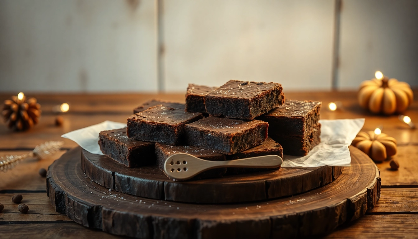 Leckere Haschbrownies auf einem Holztisch genießen, frisch gebacken mit Schokoladenglasur.