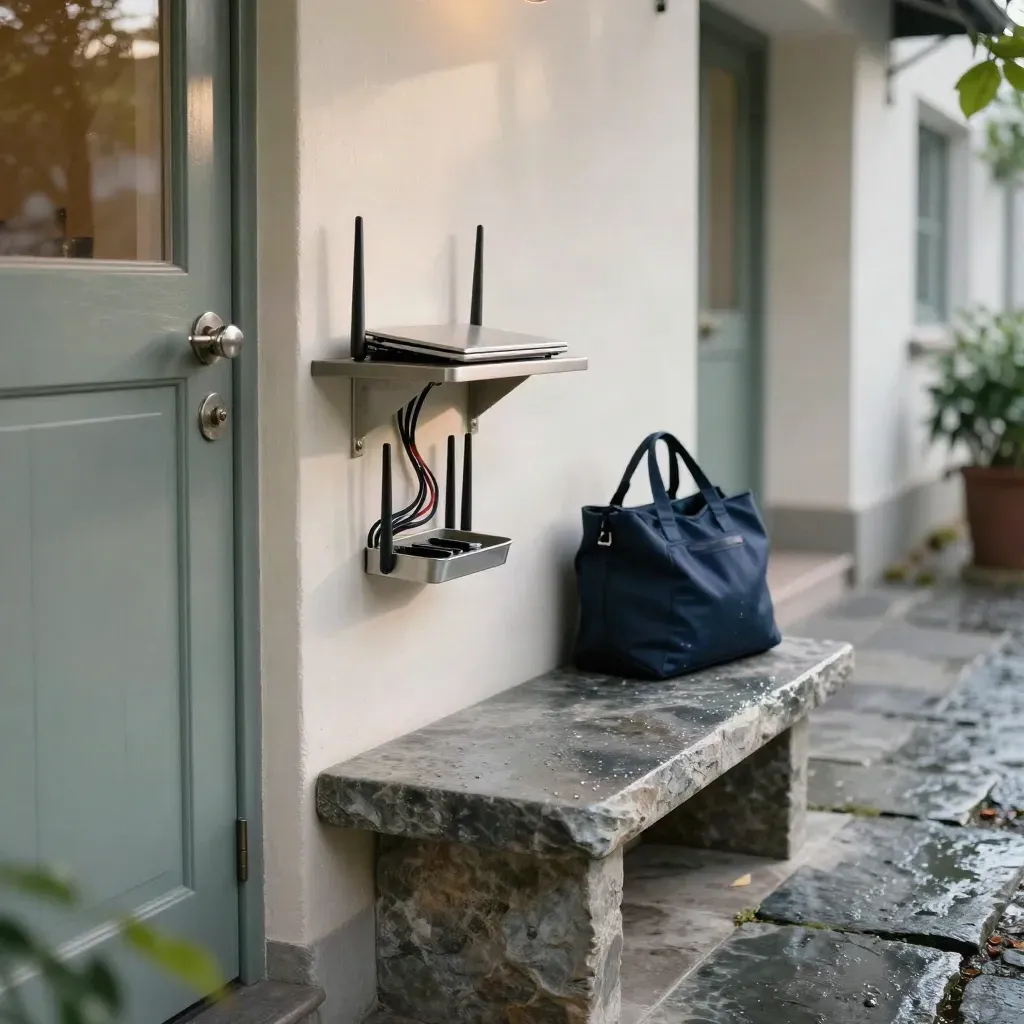 Poliertes Service-Entrée mit Router, Laptop-Dock, Schlüsselschale und Steinbank nach Regen