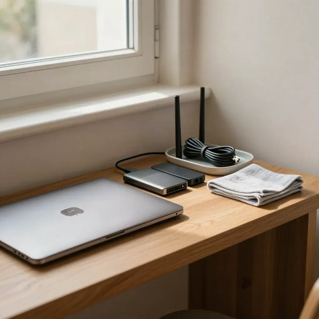 Pflegeecke mit geschlossenem Laptop, SSD, Router und sauber aufgerolltem Netzwerkkabel.