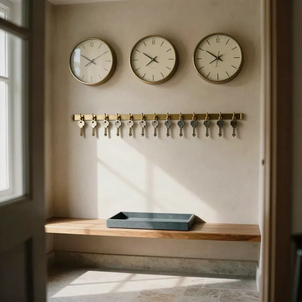 Ruhiges Service-Entrée mit drei Uhren, Schlüsselwand und leerer Inbox-Schale.