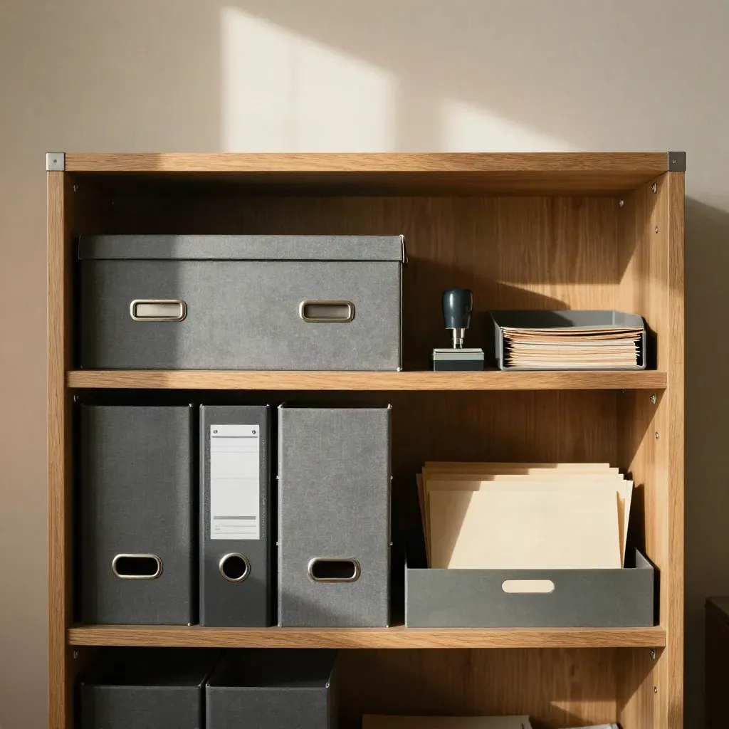 Ordentliches Ablagesystem mit Archivboxen, Mappen und Ablageschale im warmen Regalfach.