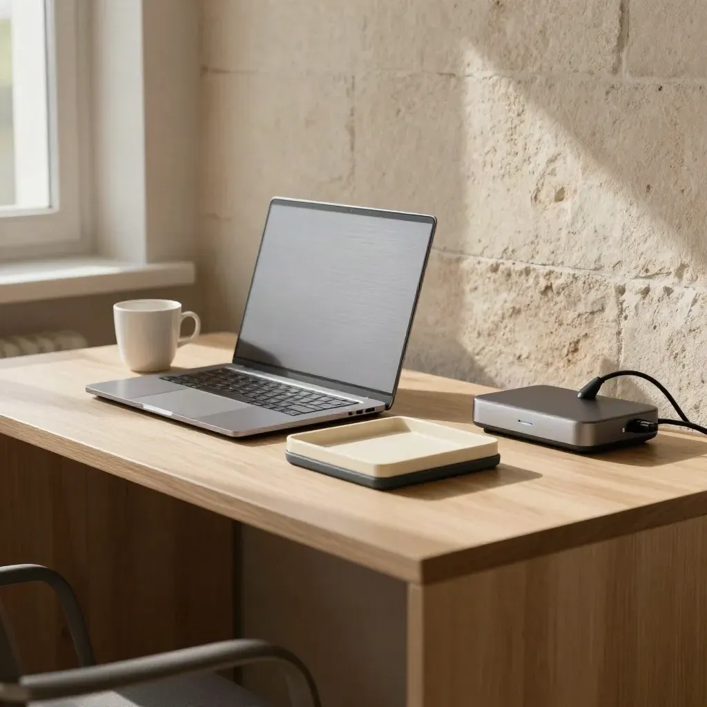 Ordentliches Freelancer-Setup mit Laptop, Inbox-Schalen, Tasse und Dockingstation