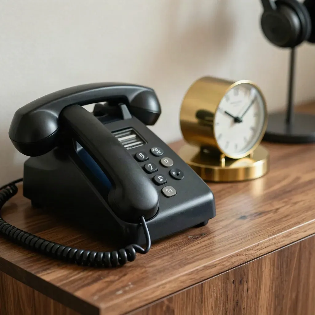 Schwarze Telefonbasis, Headsetständer, Messinguhr und Terminwürfel auf Walnusskonsole.