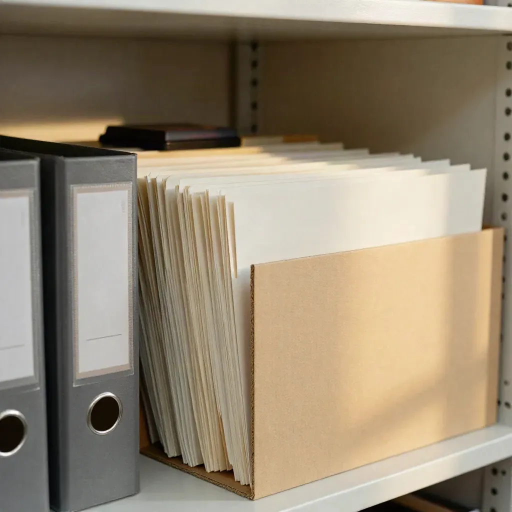 Archivboxen, Mappen und Büroklammern auf einem Birkenfach im sanften Licht.