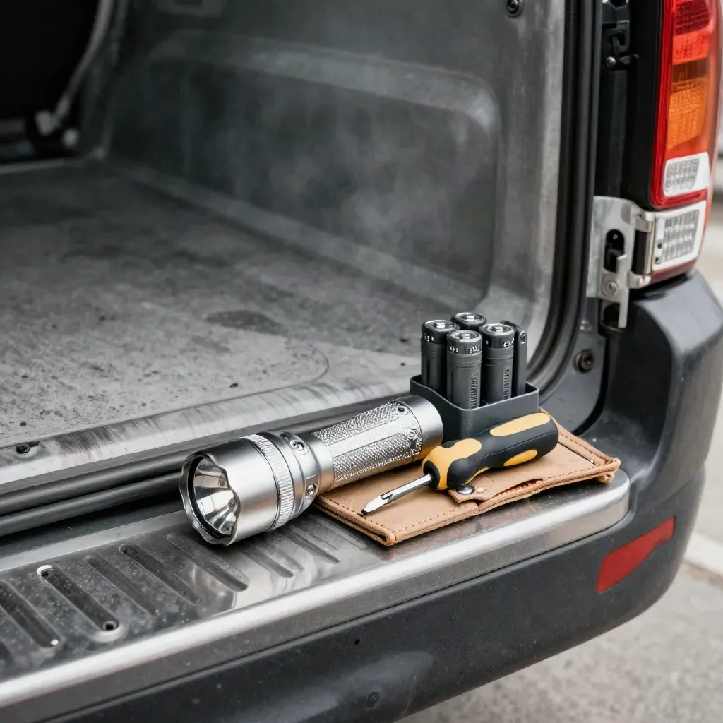 Feldservice-Kit mit Taschenlampe, Schraubendrehern, Batterien und Fahrzeugfob auf Stahlkante.