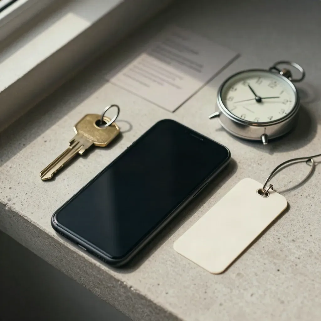 Telefon, Schlüssel, Uhr und Serviceetikett auf einer Steinablage bei weichem Seitenlicht.