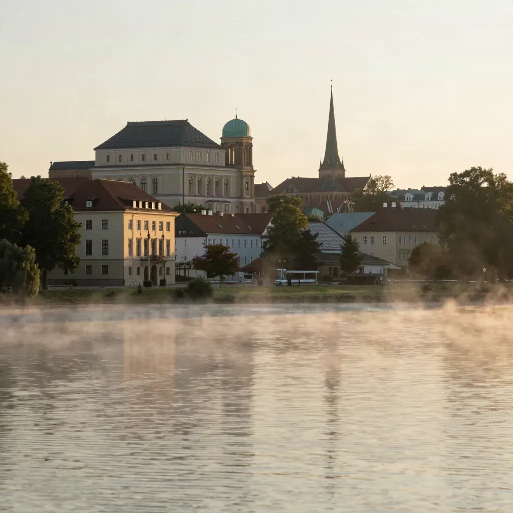 Schweriner Schlossufer mit Pfaffenteich, Theaterkuppel und Altstadt im Morgennebel