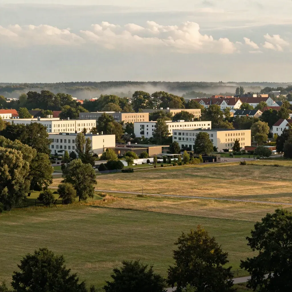 Schwerin Süd mit Wohnblöcken, Baumgürteln und weiten Wiesen im goldenen Licht nach Regen.