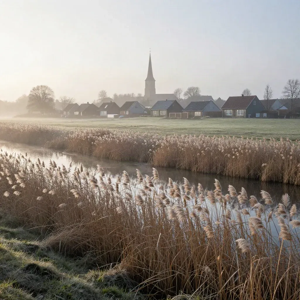 Morgennebel über Schilf, Wiesen und Kirchturm am nördlichen Schweriner Ufer