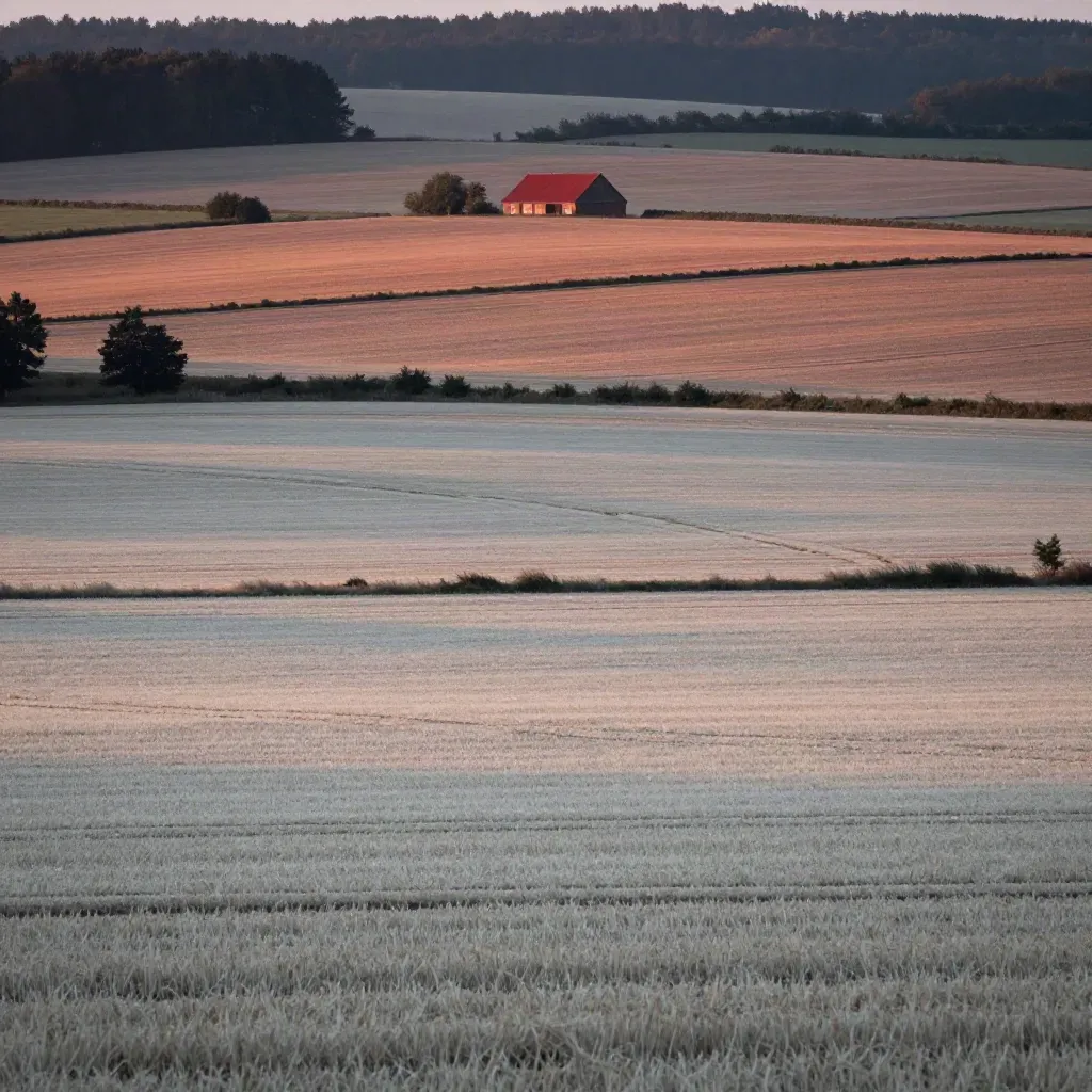 Abendliche Felder rund um Schwerin mit Hecken, hellem Acker und rotdachigem Hof.