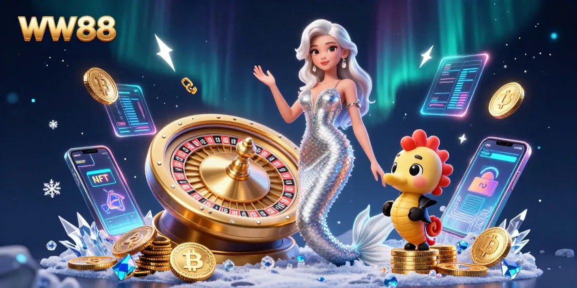 Experience WW88 with engaging gameplay; a mermaid in a sleek gown poses by a golden roulette wheel.