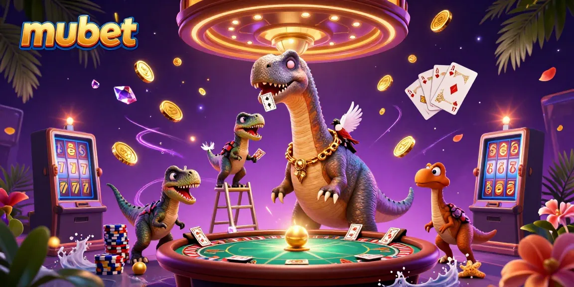 Experience the vibrant fun at Mubet's online casino with a playful dinosaur and raptor dealer.