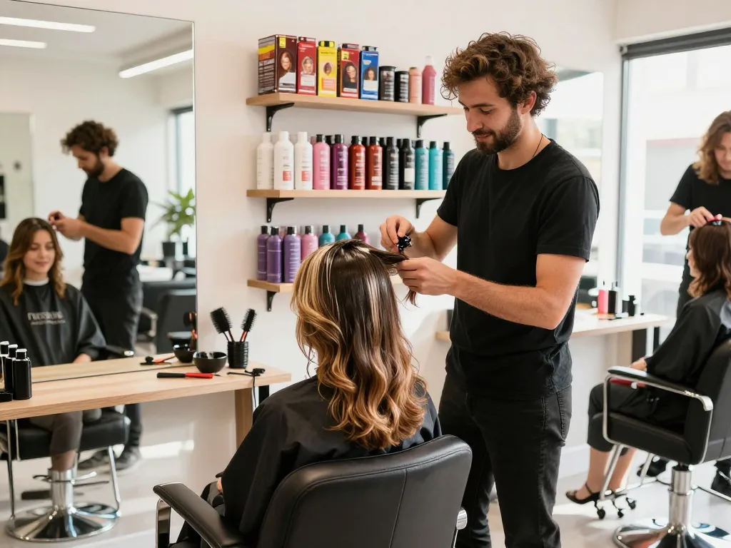 Estilista aplicando coloración de cabello en un salón de belleza soleado.