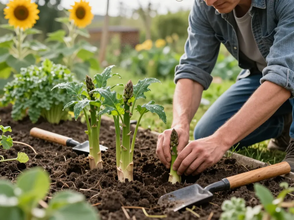 Healthy spargel pflanzen being planted by a gardener in a vibrant garden.