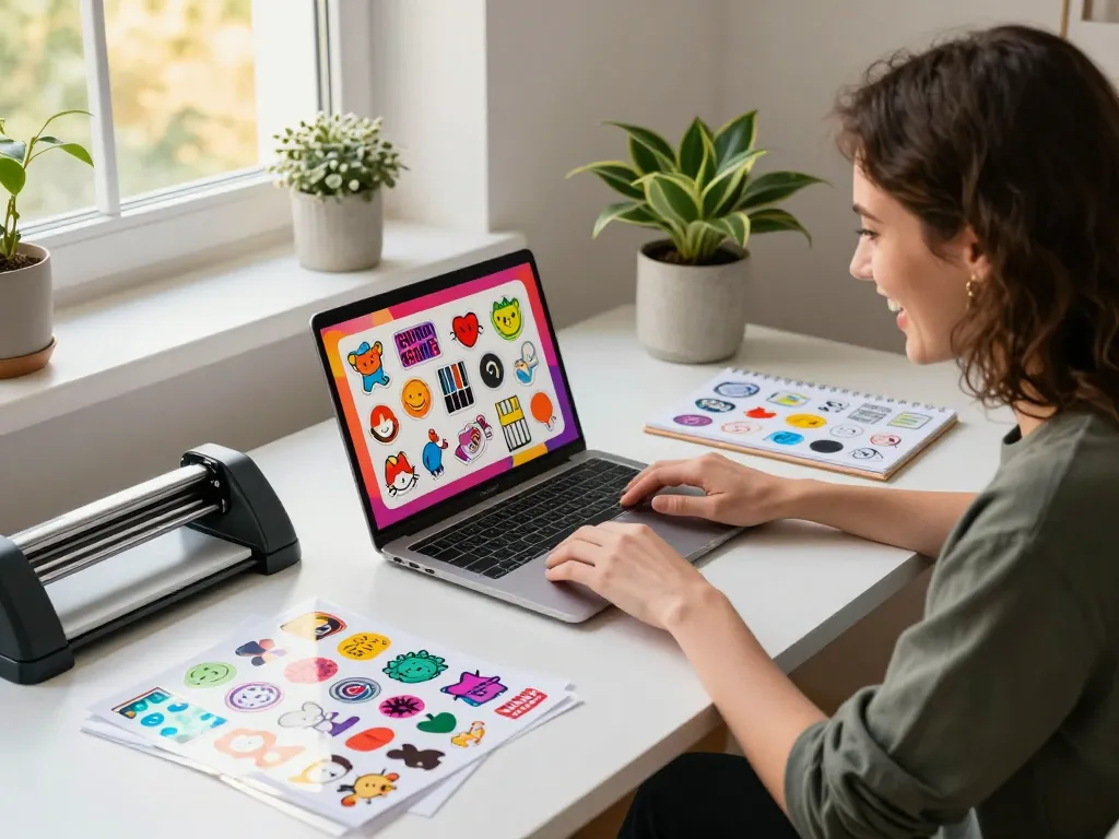 Custom sticker drucken workspace with designer creating colorful stickers and vibrant materials.