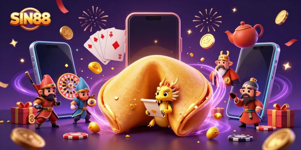 Spin your fortune with SIN88's vibrant casino magic featuring a golden cookie and gaming elements.