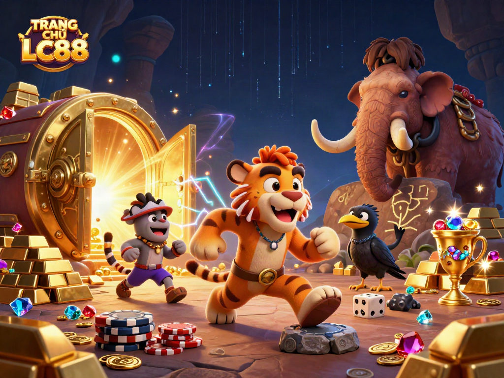 Experience the thrill of TRANG CHỦ LC88 with a vibrant prehistoric casino scene filled with treasures.