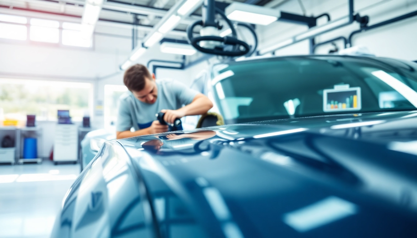 Fahrzeugaufbereitung in einem professionellen Detailingshop mit einem Experten, der ein Auto bearbeitet.