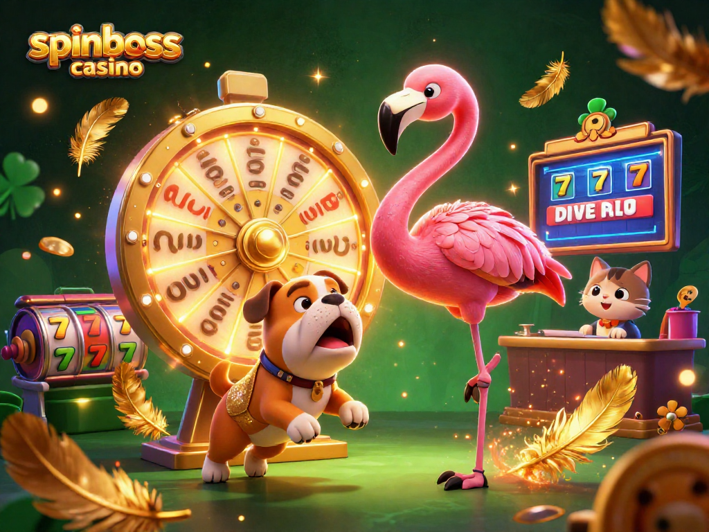 Spinboss Casino: Daher sprühen goldene Münzen und spannende Slots um den 3D-Flamingo-Moderator.