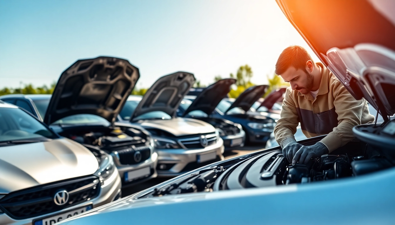 Motorschaden Ankauf bei einem professionellen Autohaus mit beschädigten Fahrzeugen im Vordergrund.