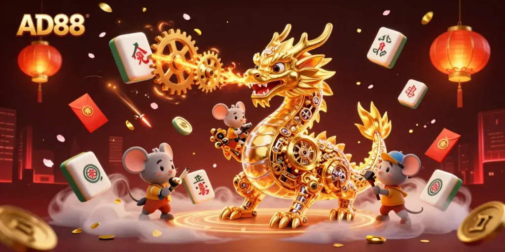 Experience exciting gameplay at AD88 with a vibrant scene of a golden dragon and interactive casino elements.
