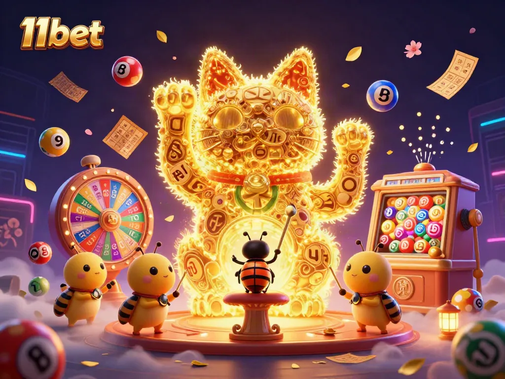 Play and win at 11bet with vibrant casino symbols and dynamic lottery elements.