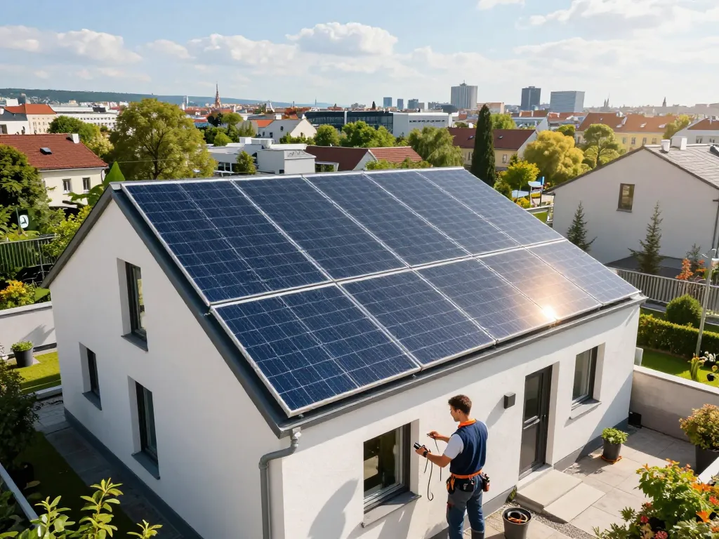 Photovoltaik Wien Installation auf einem Hausdach in Wien, mit Installateur, der Solarpanels inspiziert, um erneuerbare Energie hervorzuheben.