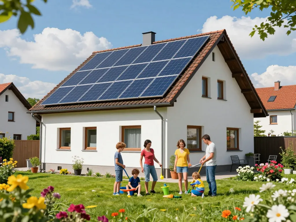 Photovoltaik Bayern - Familie genießt umweltfreundliches Wohnen im bayerischen Zuhause mit Solarpanels.
