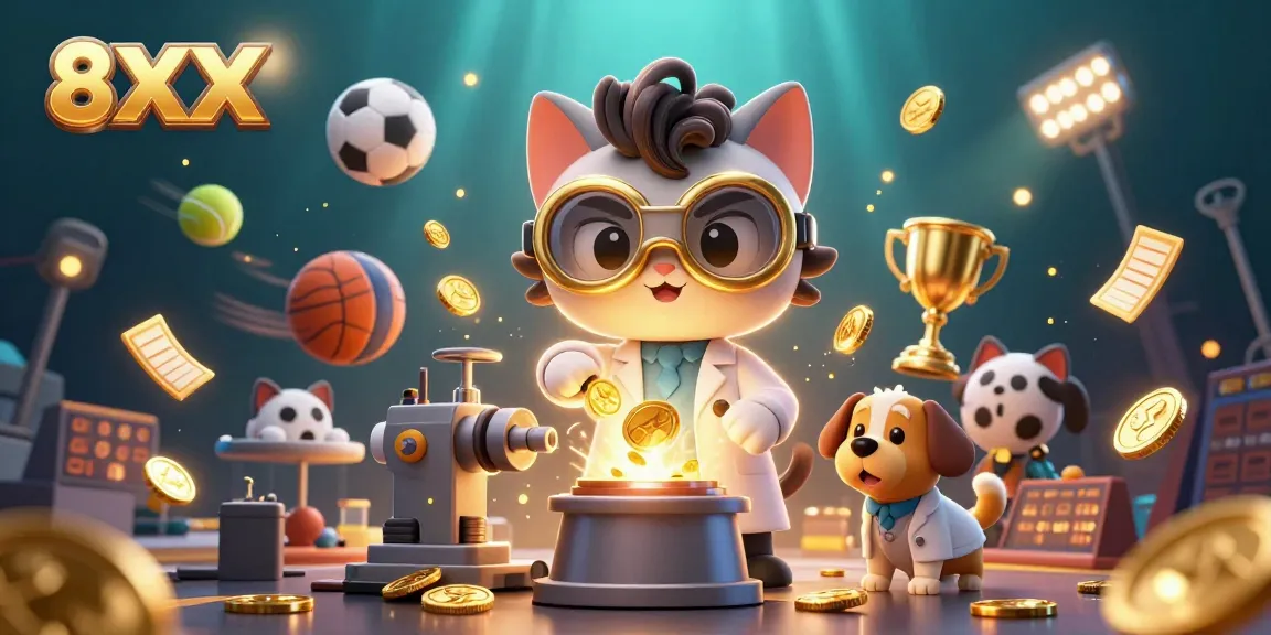 Engage in thrilling gameplay with 8XX in a vibrant, dynamic casino scene featuring sports elements and golden coin excitement.