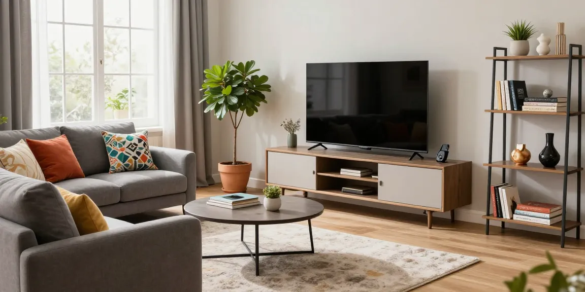 Einladendes Wohnzimmer mit stilvollen Möbeln, die in einem Möbel Shop online erhältlich sind, einschließlich eines schicken Sofas und dekorativer Artikel.
