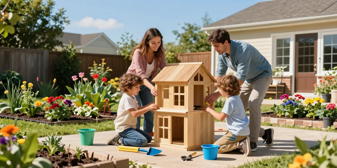 Familie baut Gartenhäuser im sonnigen Garten mit Blumen und Werkzeugen.