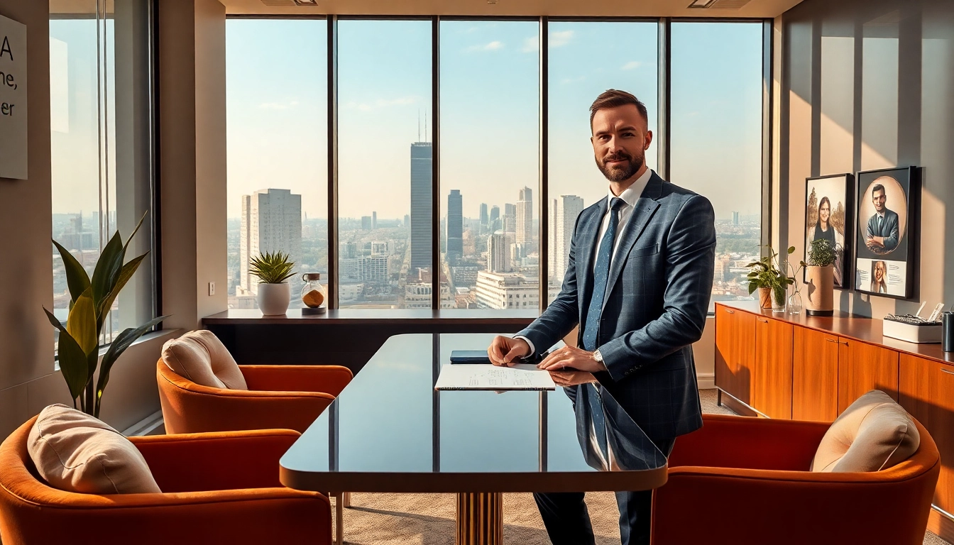 Headhunter Gastronomie berät in einem stilvollen Büro mit urbanem Ausblick.