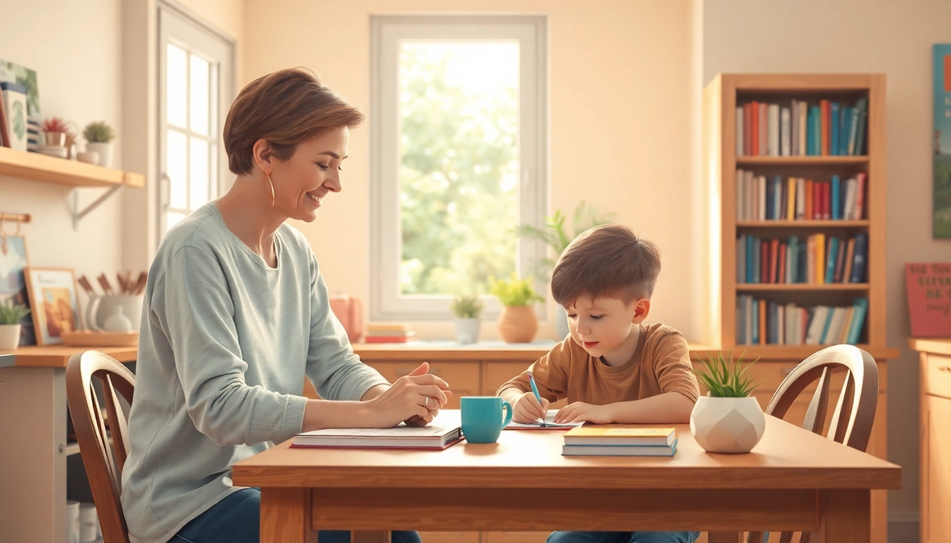 Das Bild zeigt eine Mutter, die ihrem Kind im Heimunterricht am Küchentisch Lernmaterialien erklärt.