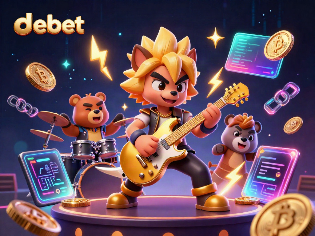 Engage with debet's vibrant 3D casino scene featuring rock star wolf and drummer bear amidst crypto elements.