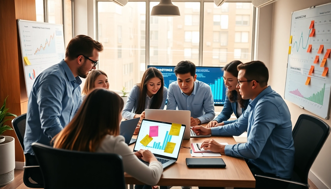Strategizing Online Marketing in a vibrant office with a diverse team collaborating.