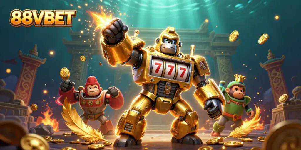 Experience action and thrill at 88VBET with the golden gorilla mech bursting with coins.