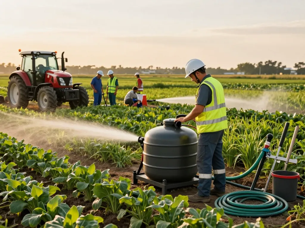 Löschwasser für landwirtschaftliche Betriebe im Einsatz, mit einem Landwirt, der einen Löschwasserbehälter auf einem lebhaften Landwirtschaftsbetrieb überprüft.