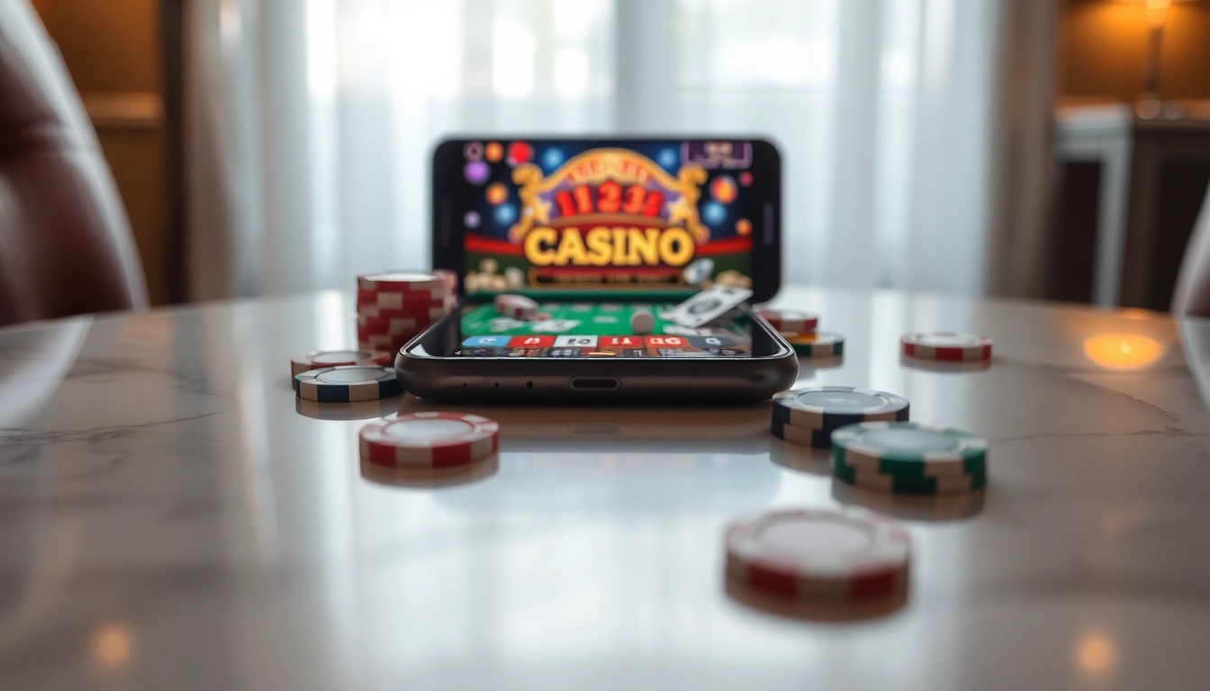 Entdecken Sie die besten mobile online Casinos auf einem Smartphone, umgeben von Casino-Requisiten.