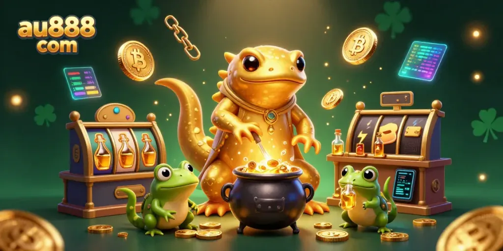 Experience thrilling gaming with au888 com, showcasing a magical 3D scene of gold transmutation.