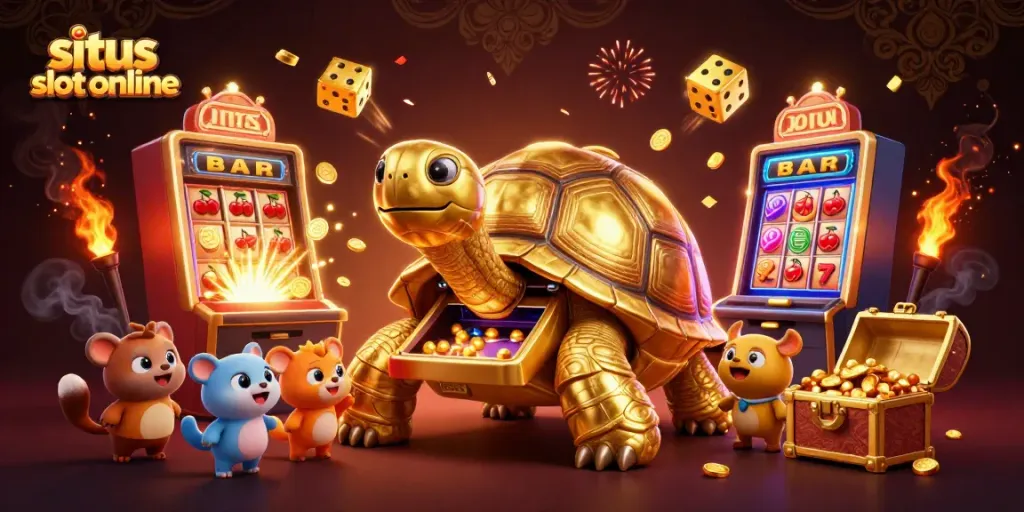 Engage in thrilling gameplay at situs slot online with a colorful 3D illustration of a golden tortoise pinball and dynamic casino features.