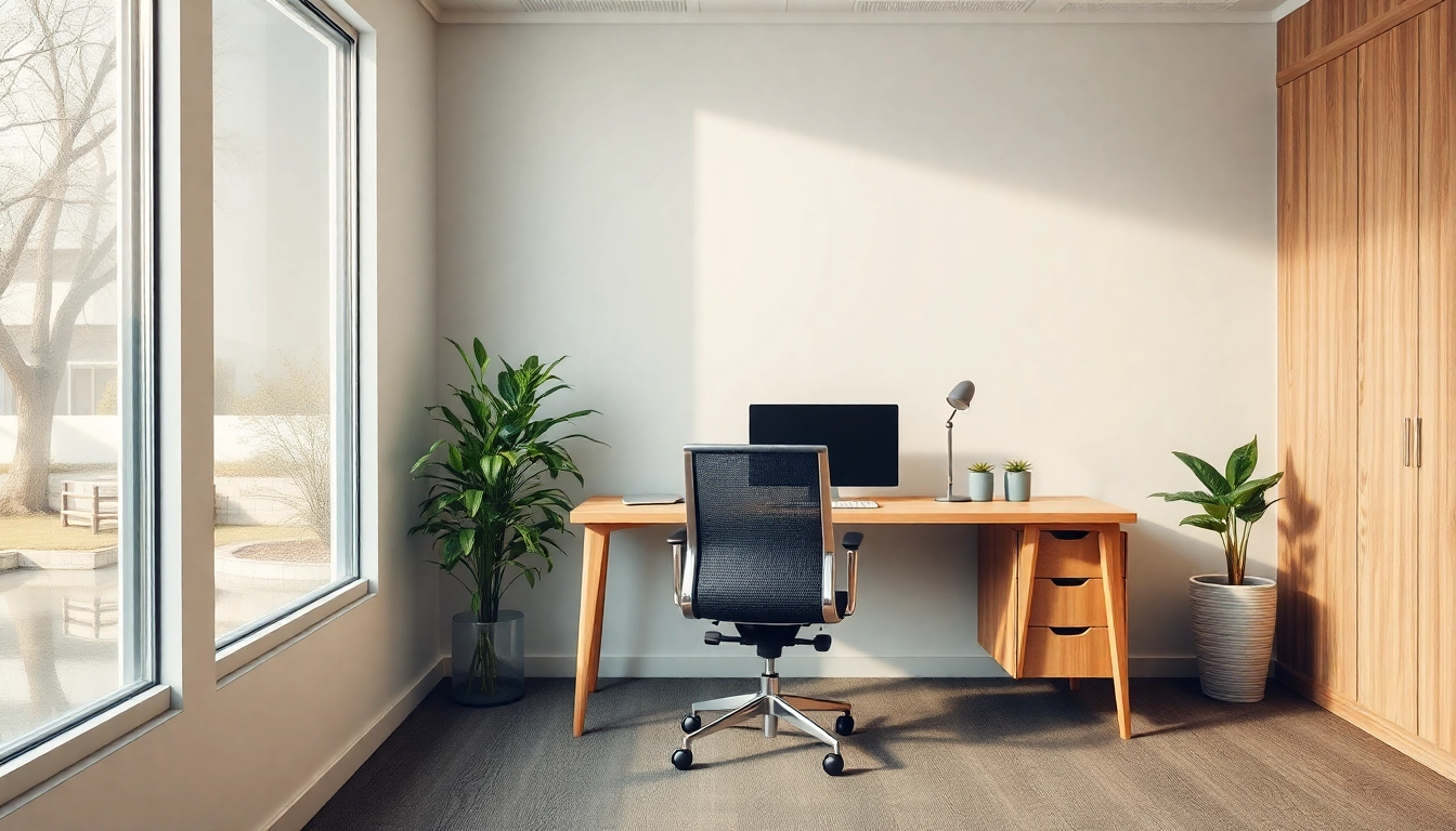 Moderne Büromöbel in einem stilvollen Büro, inklusive ergonomischem Stuhl und Schreibtisch.