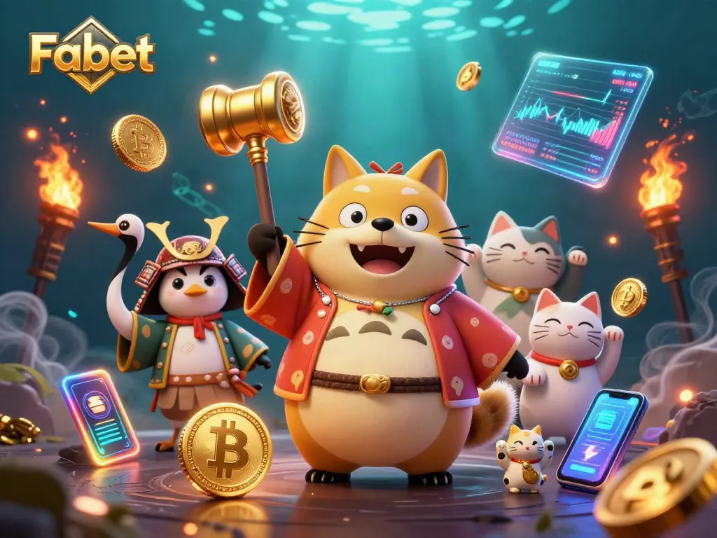 Experience the excitement of Fabet with a lively 3D illustration featuring playful tanuki and crypto elements.