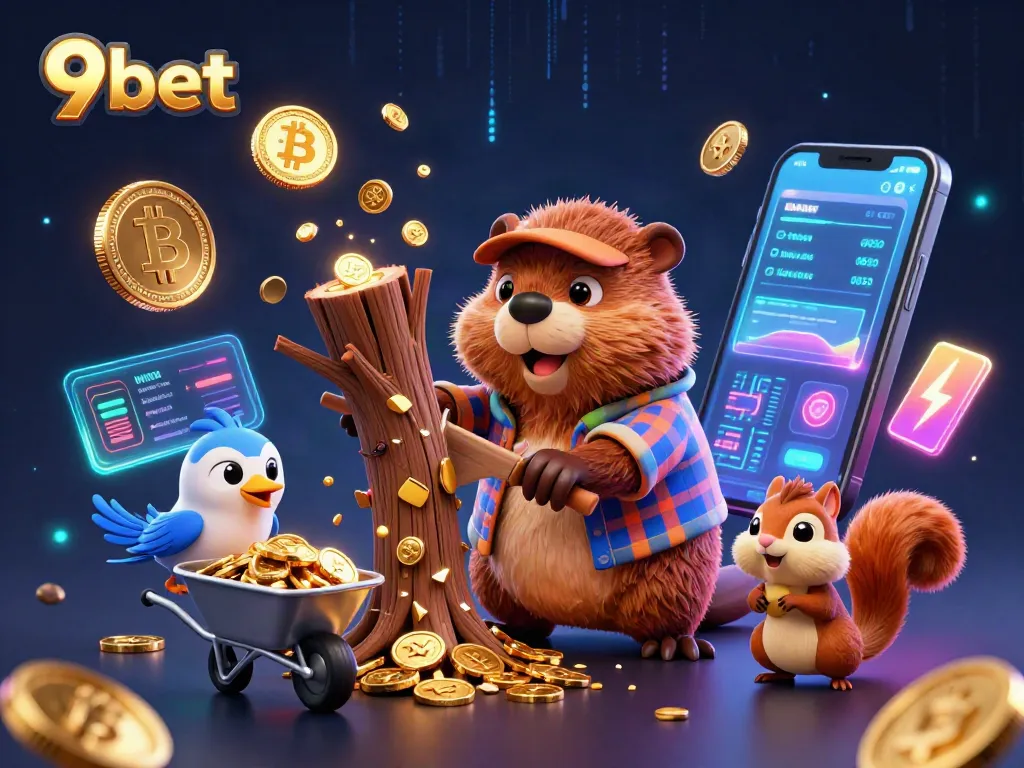 Experience the thrill of 9bet with a vibrant gamble scene filled with cartoon characters and rewards.