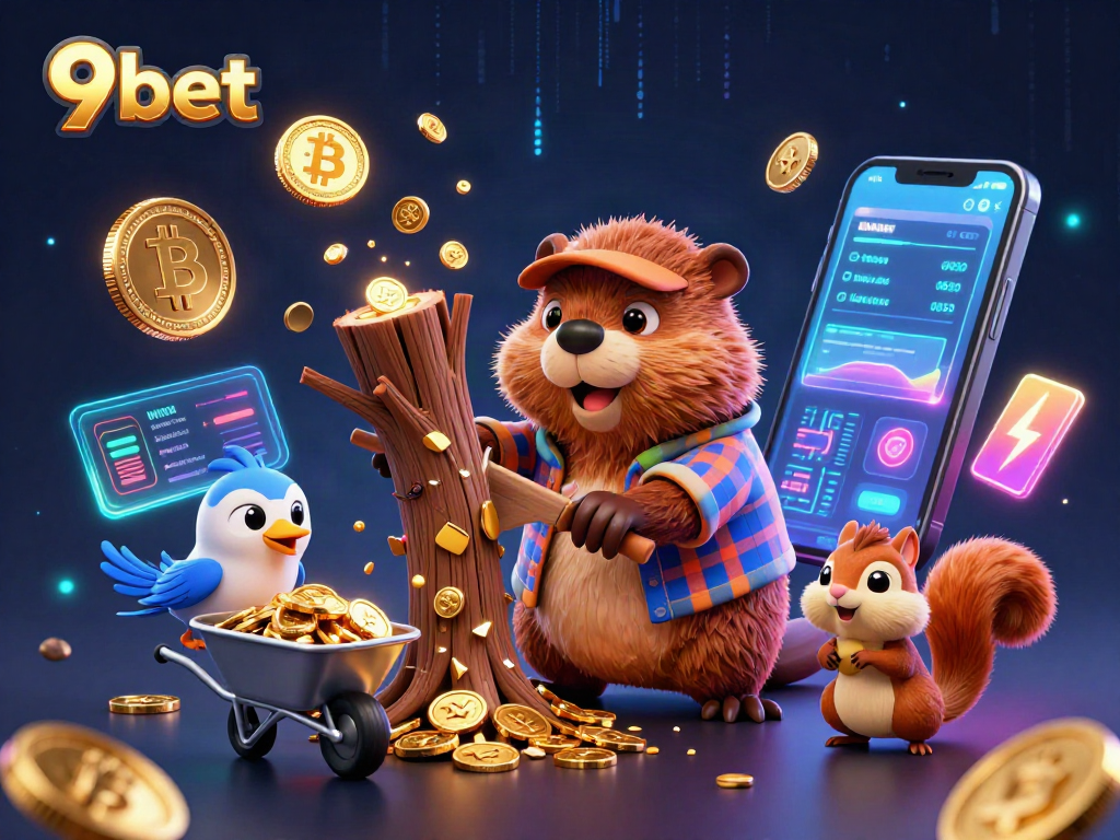 Experience the thrill of 9bet with a vibrant gamble scene filled with cartoon characters and rewards.