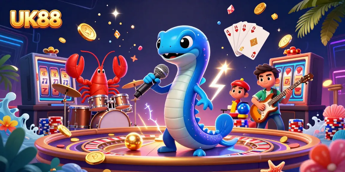 Engaging scene of UK88 with an electric eel DJ, lobster drummer, and seahorse guitarist in an underwater casino.